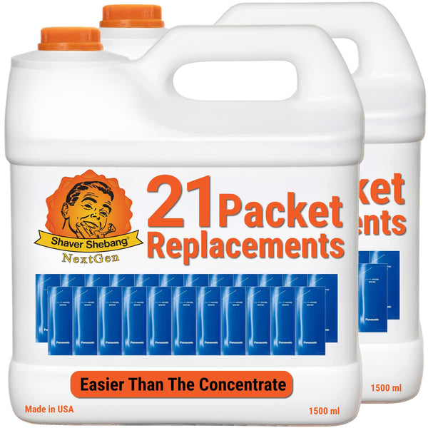 2 bottles of Shaver Shebang for Panasonic WES4L03. Each bottle replaces 21 Panasonic cleaner concentrate packets.