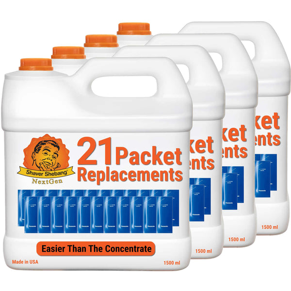 4 bottles of Shaver Shebang for Panasonic WES4L03. Each bottle replaces 21 Panasonic cleaner concentrate packets.