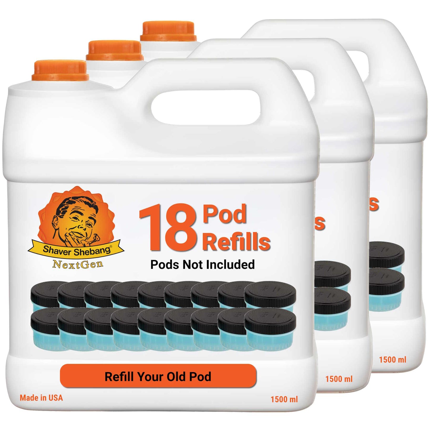 3 bottles of Shaver Shebang for Philips Norelco Quick Clean refills. Each bottle refills 18 Quick Clean pods.